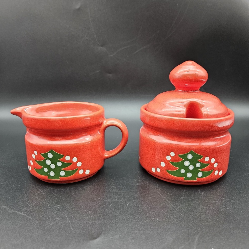 Vtg Waechtersbach Christmas Tree Red Creamer And Sugar Set With Lid W. Germany